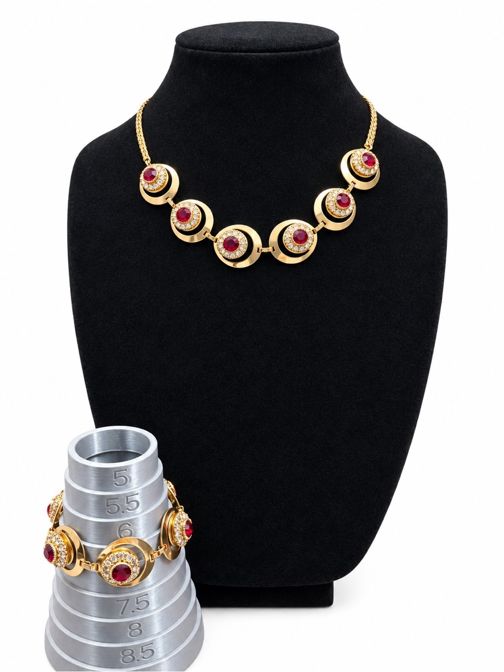 Vintage Gold-Tone Red Rhinestone Necklace & Bracelet Set (1960–1968)